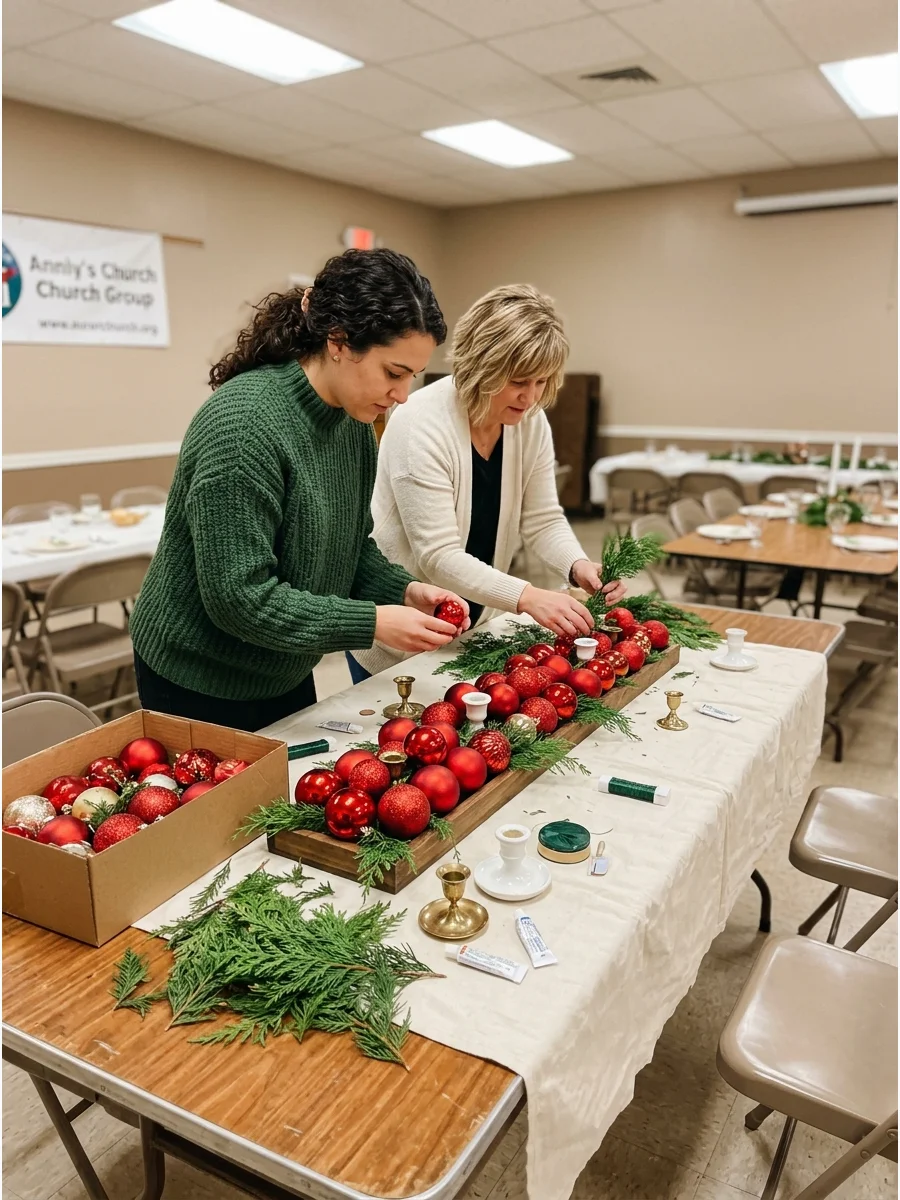 People collaborating on a long red ornament and evergreen tray centerpiece.
