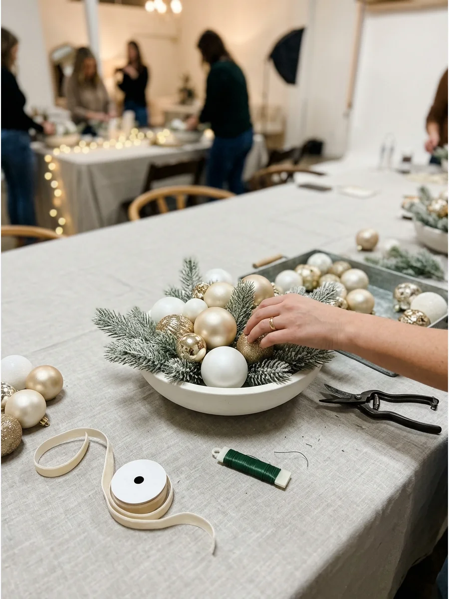 Elegant gold and white ornament arrangement in a shallow bowl.