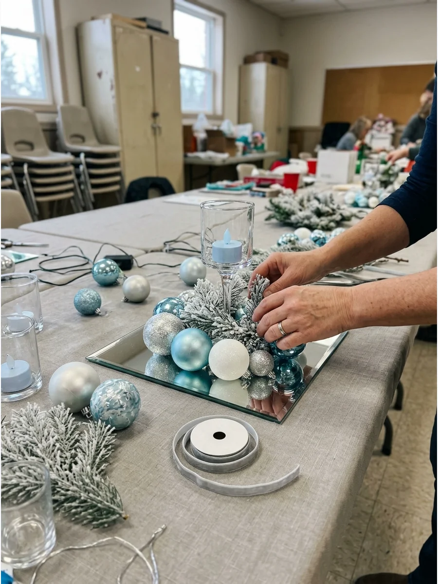 Blue and silver ornaments arranged on a mirrored base with frosted branches.