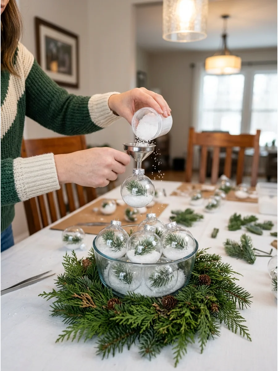 Guest filling a clear ornament with faux snow and greenery.
