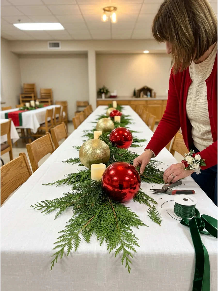 Oversized ornaments and cedar branches used as a long table runner.
