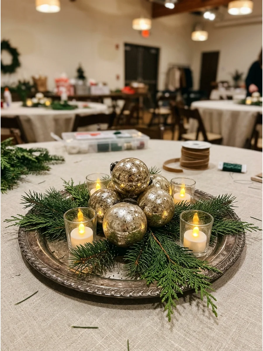 Mercury glass ornaments and votives on a vintage silver tray.