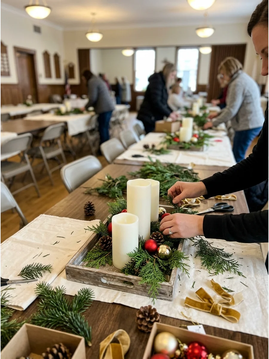 A wooden tray with three white pillar candles and fresh greenery.