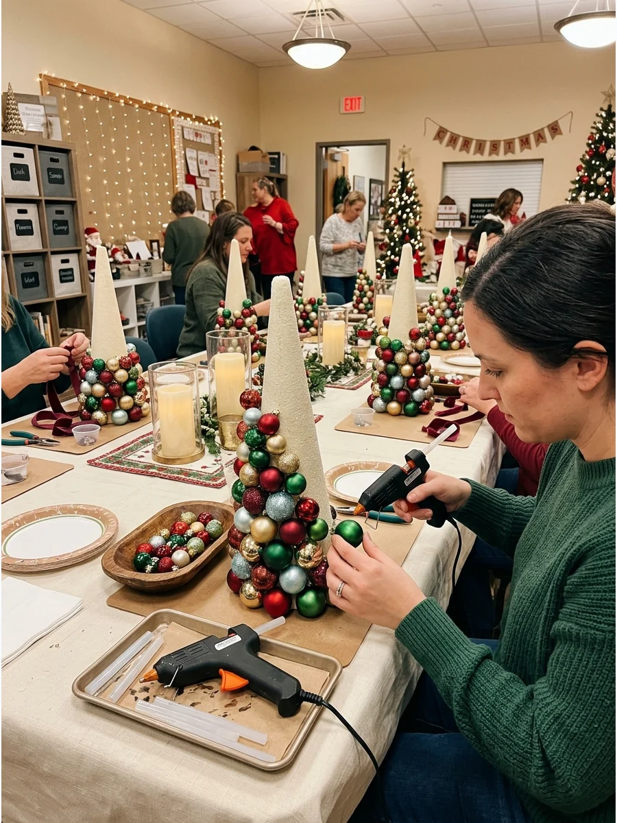Hands gluing small ornaments to a foam cone to make a mini tree.