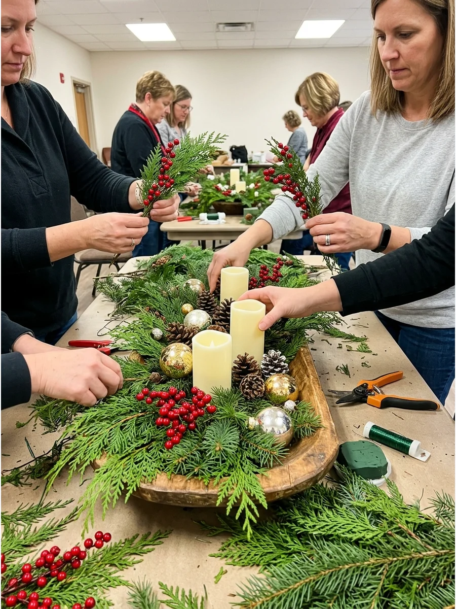 A group of people assembling a rustic dough bowl centerpiece with greenery and candles.