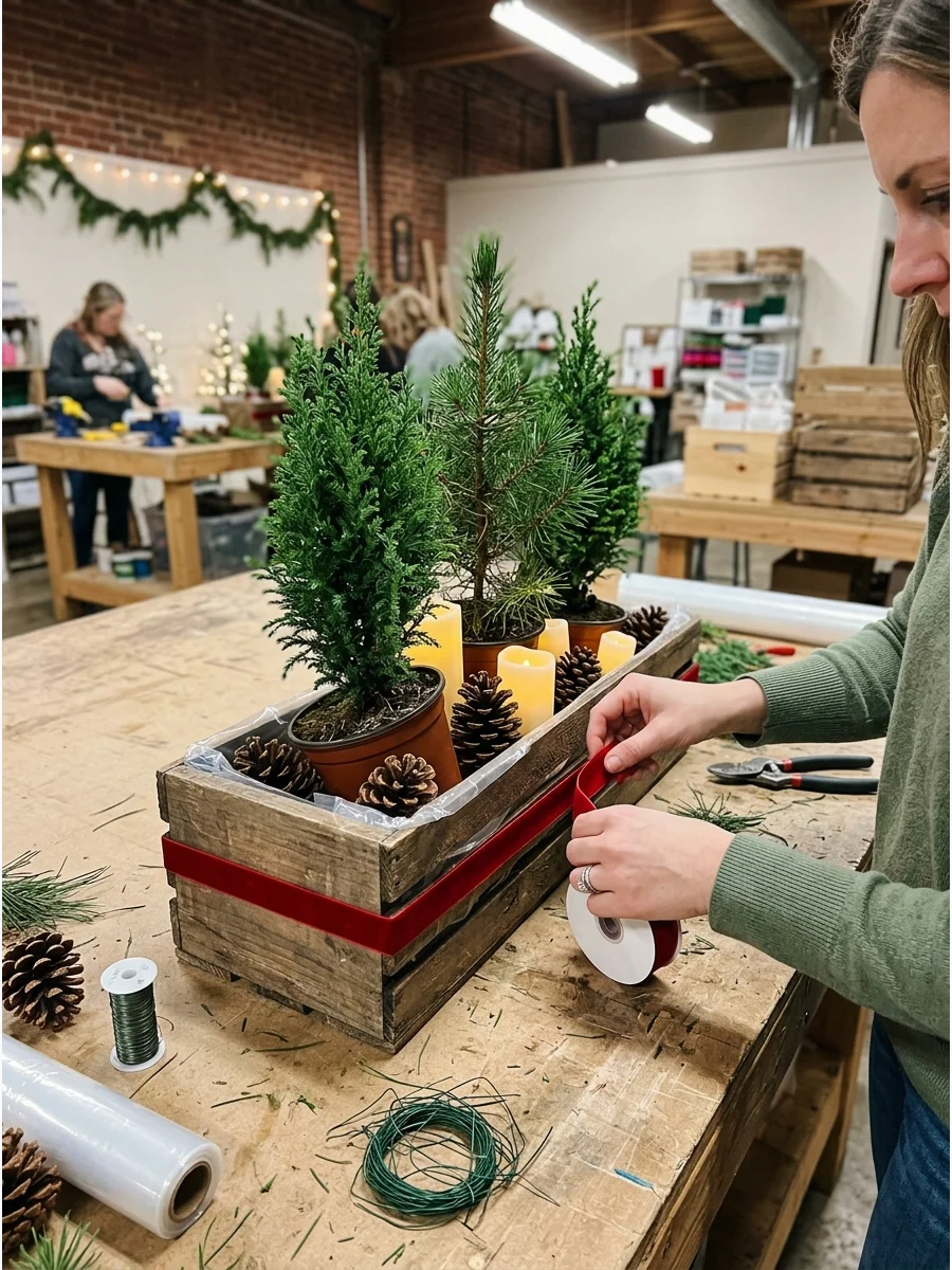 A rustic wooden crate centerpiece with small pine trees and a red ribbon.
