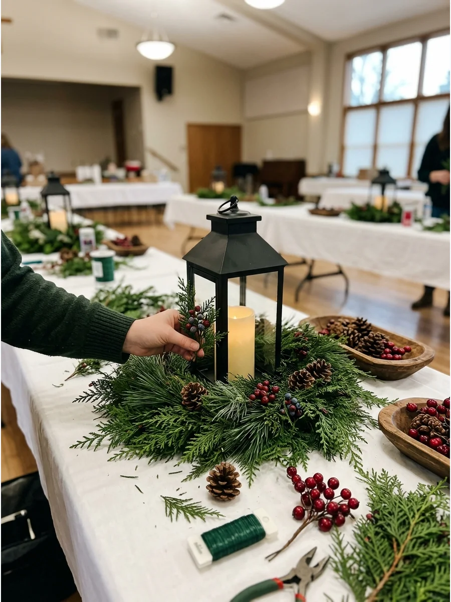 A vintage lantern centerpiece surrounded by a greenery wreath and red berries.