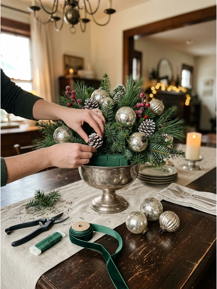 An antique silver bowl filled with greenery and silver ornaments on a table.