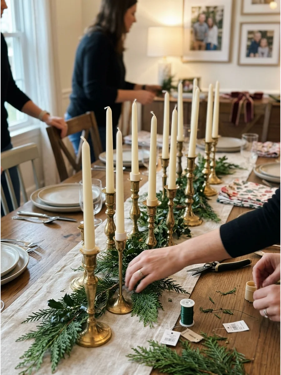 A collection of vintage brass candlesticks with greenery on a holiday table.