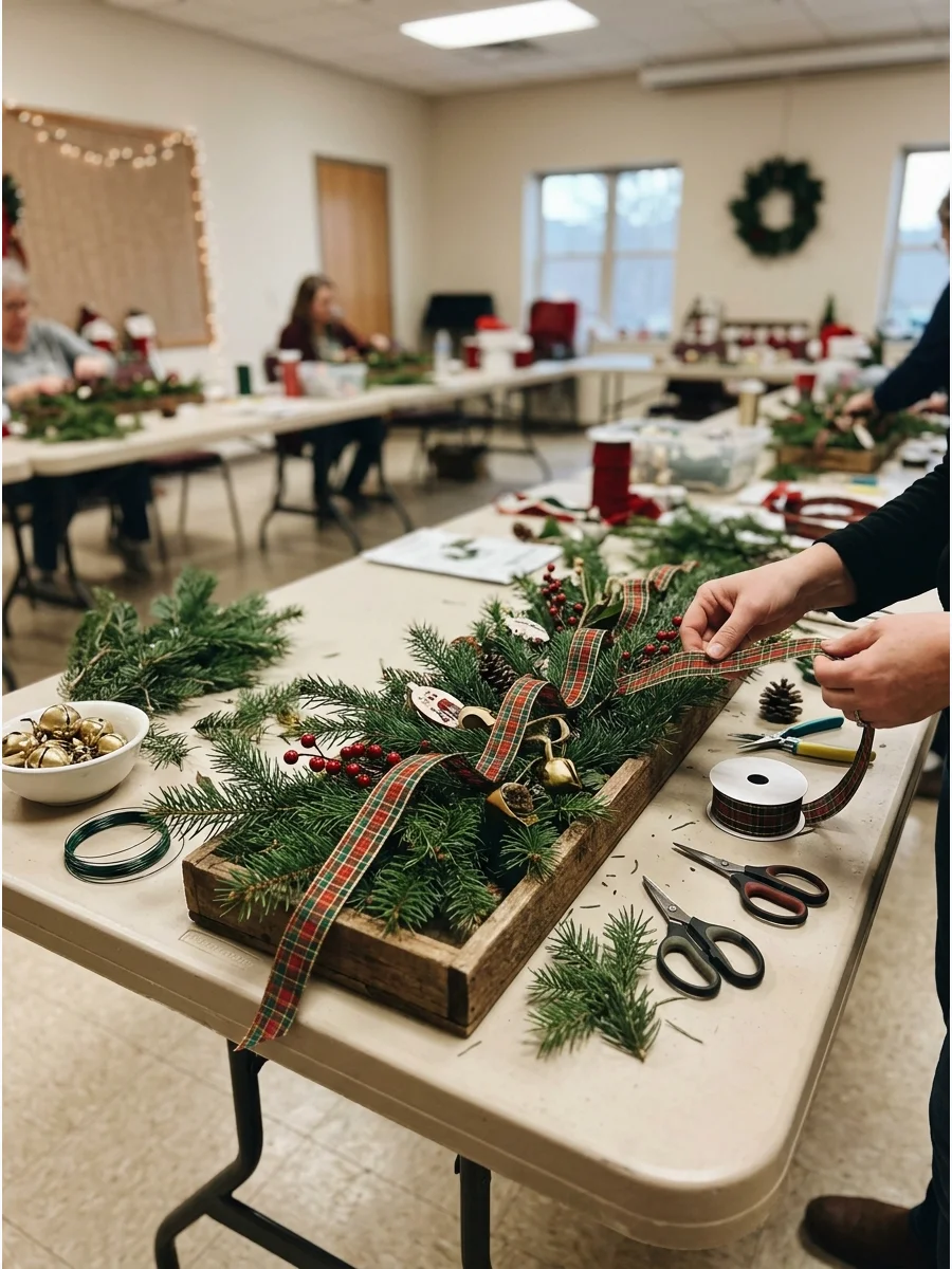 A holiday centerpiece featuring pine branches and a woven plaid ribbon.