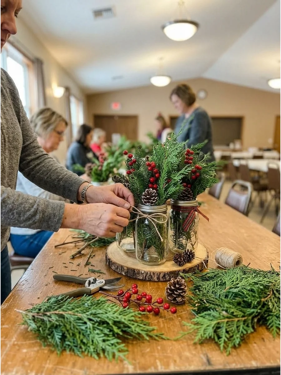 Rustic Mason Jar Evergreen Centerpiece support view 1