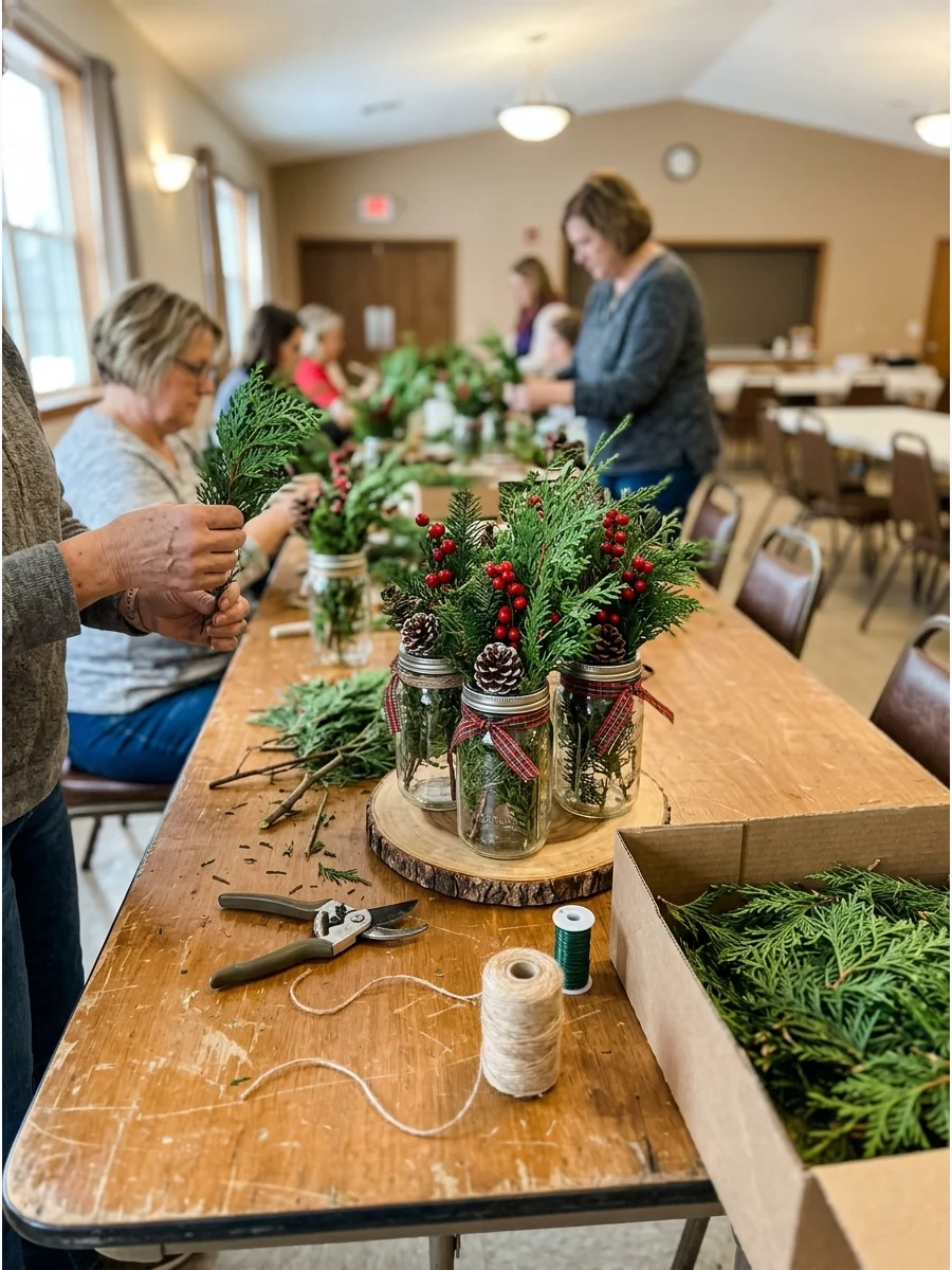 Mason jars filled with evergreen branches and berries on a wooden base.