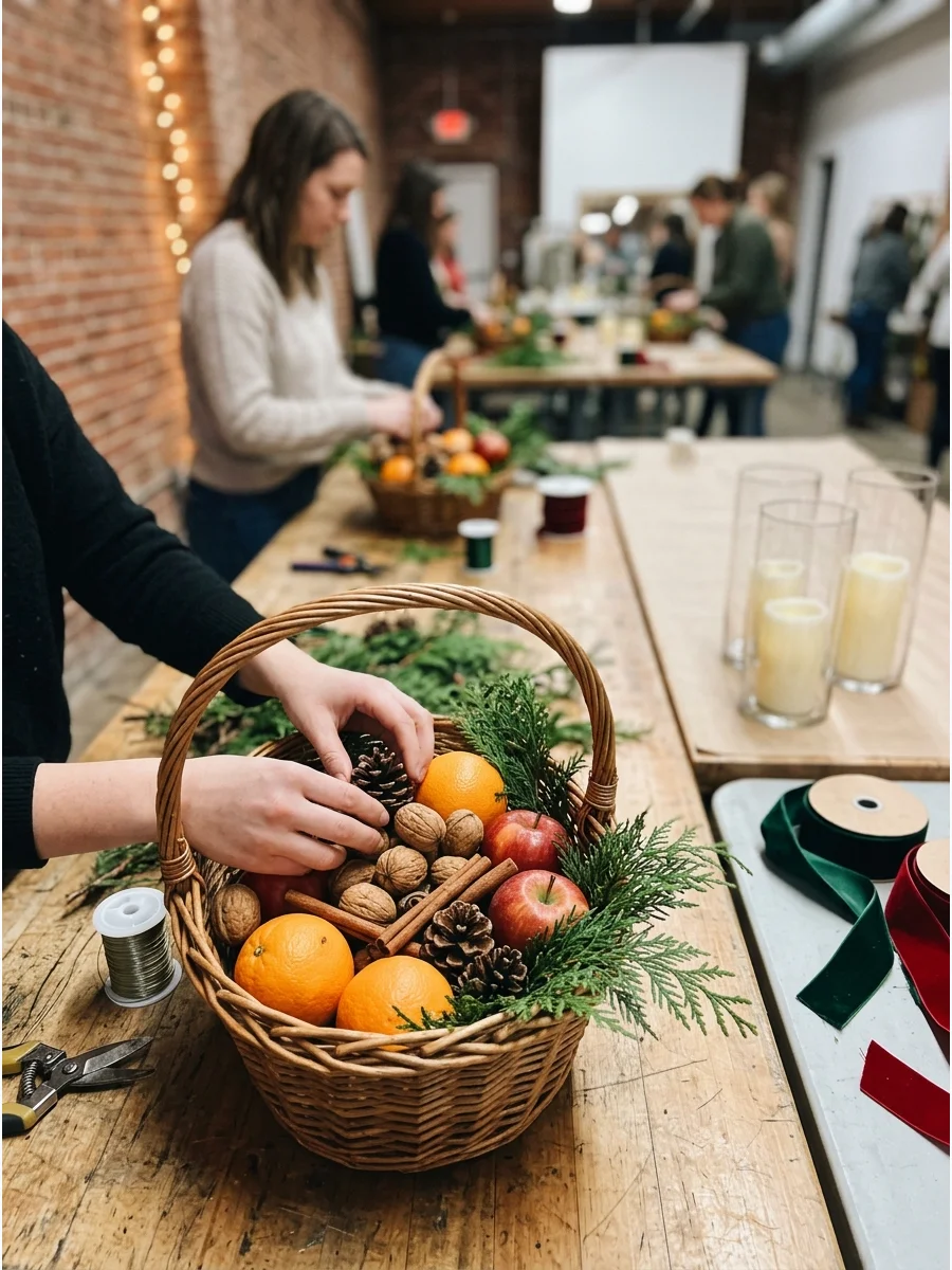 A vintage basket filled with fruit, nuts, and cinnamon sticks for a holiday centerpiece.