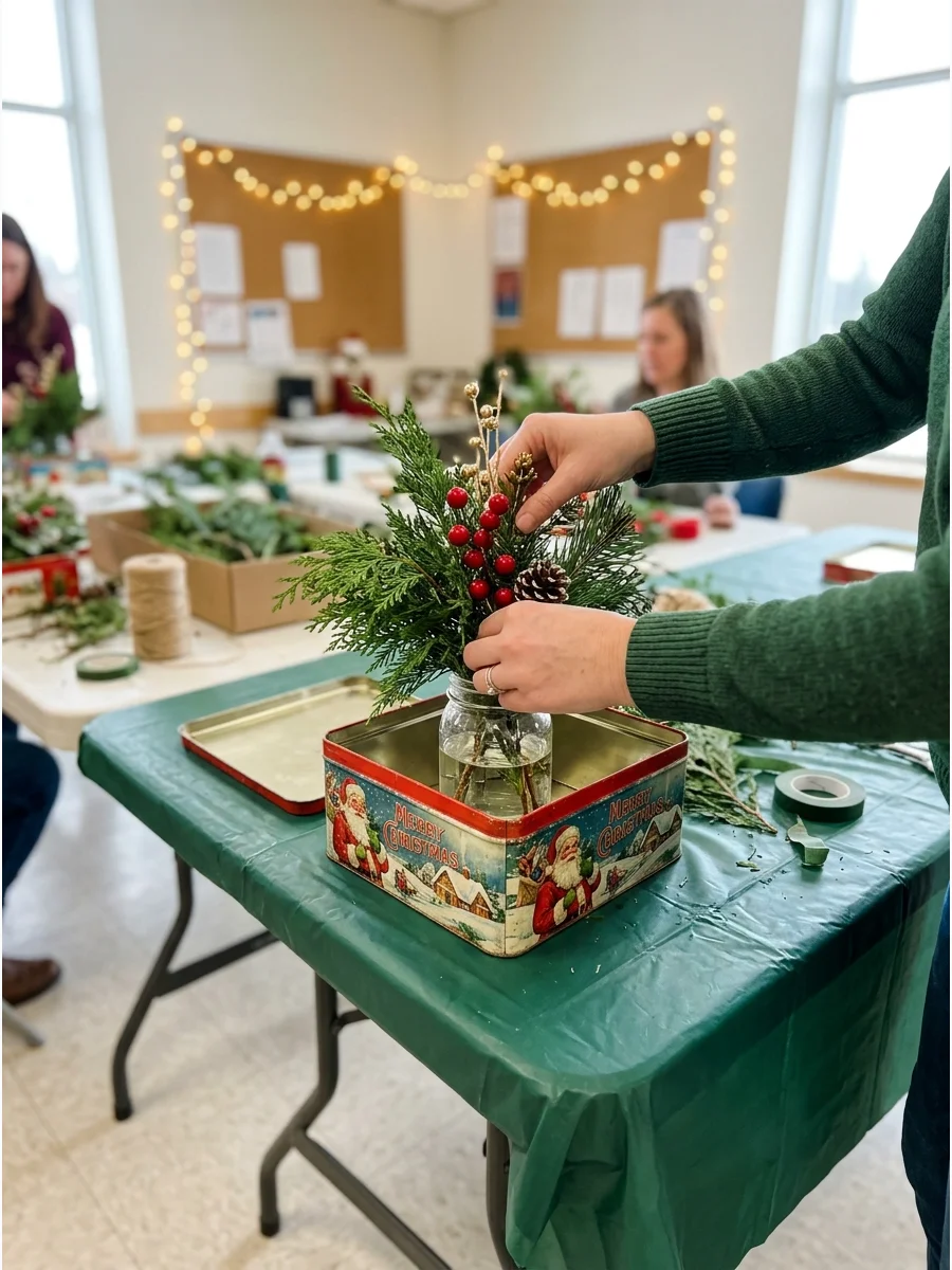 A vintage holiday tin used as a vase for evergreen branches.