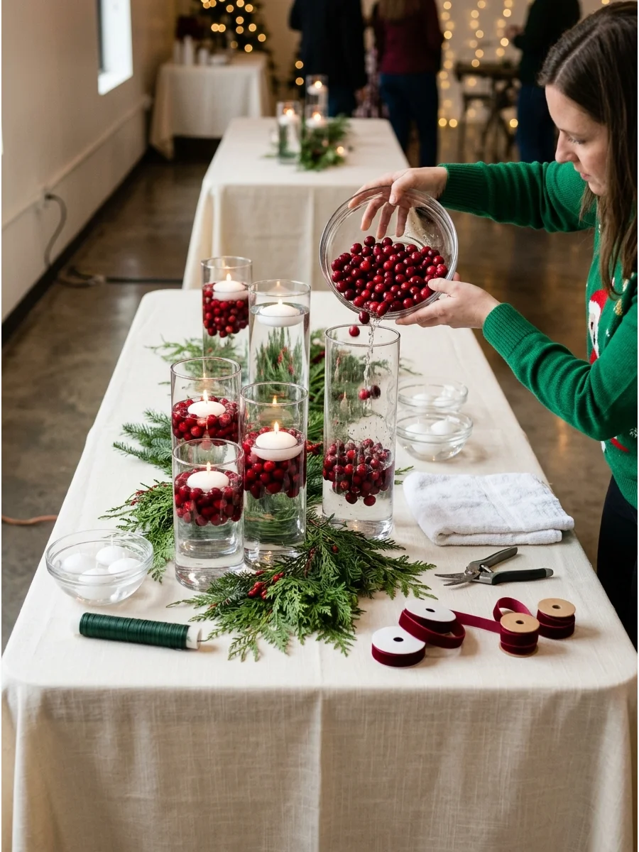 Glass vases filled with water, red cranberries, and floating candles.