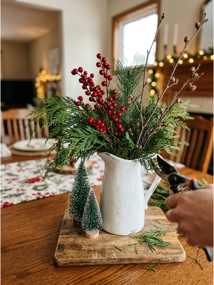 A white pitcher centerpiece with cedar branches and red berries on a wooden board.