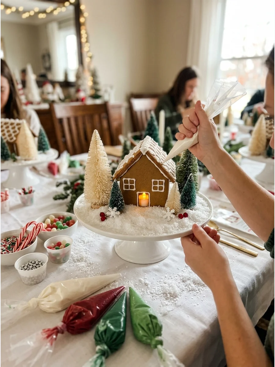 Gingerbread house on a cake stand with mini trees and fake snow.