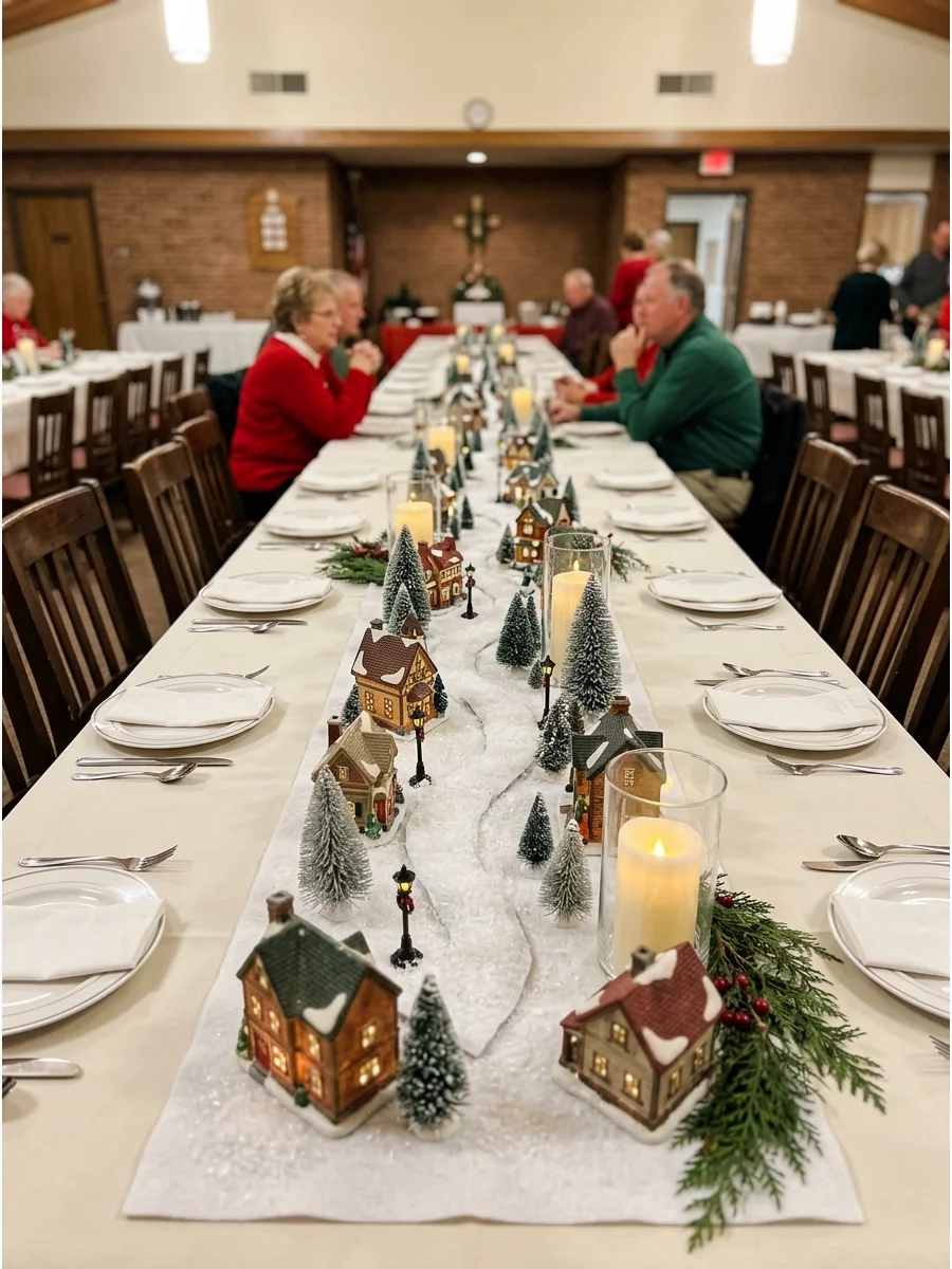 A miniature Christmas village arranged on a long white table runner.