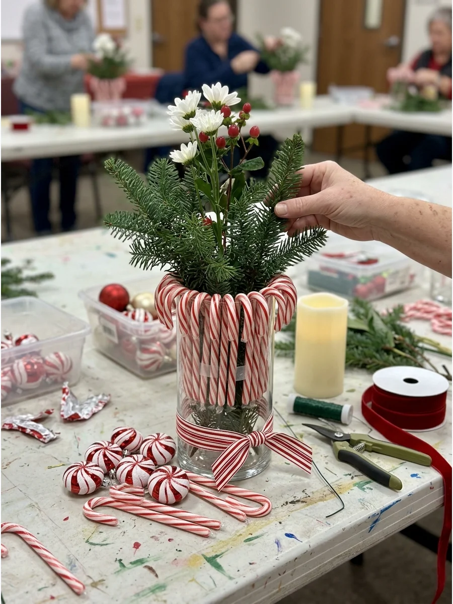 Glass vase with candy canes and greenery on a wooden table.