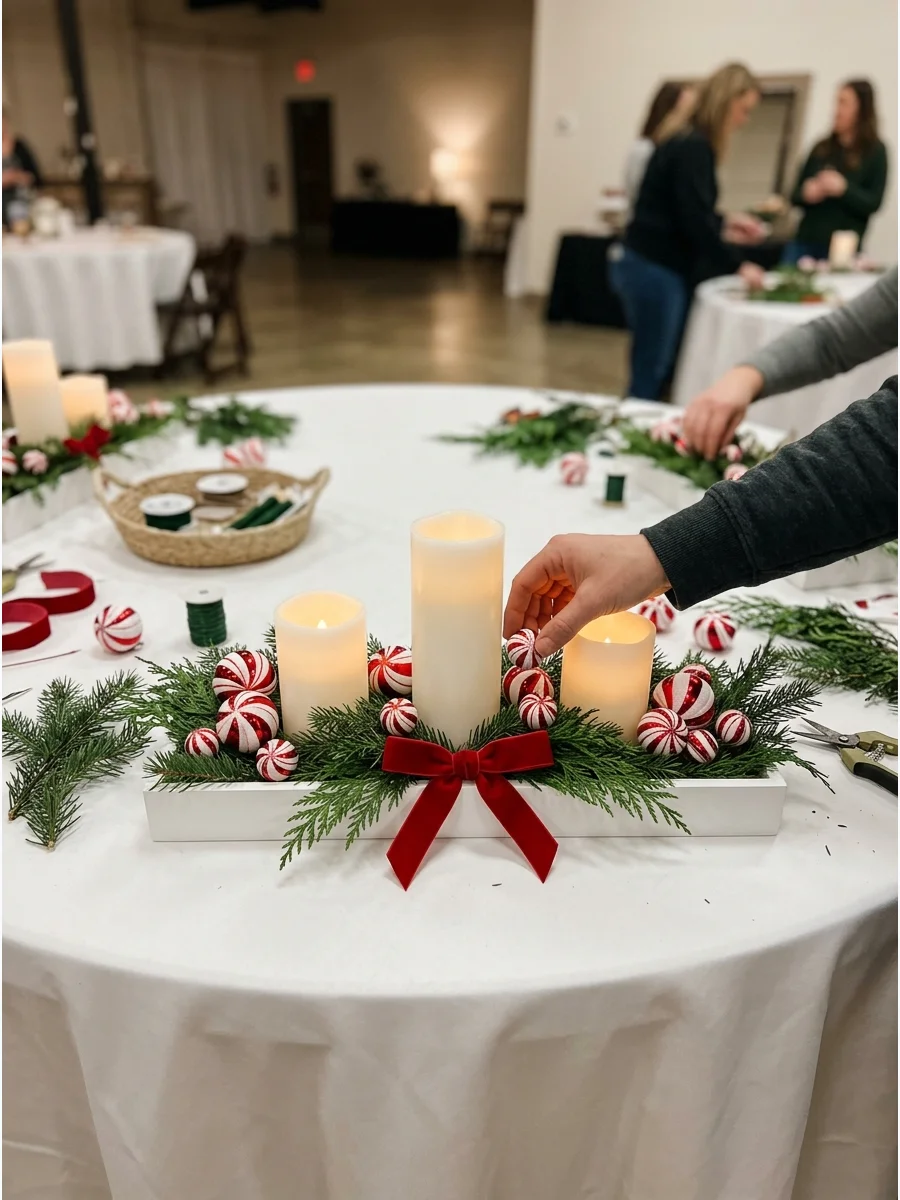 Tray with flameless candles and peppermint ornaments on a table.