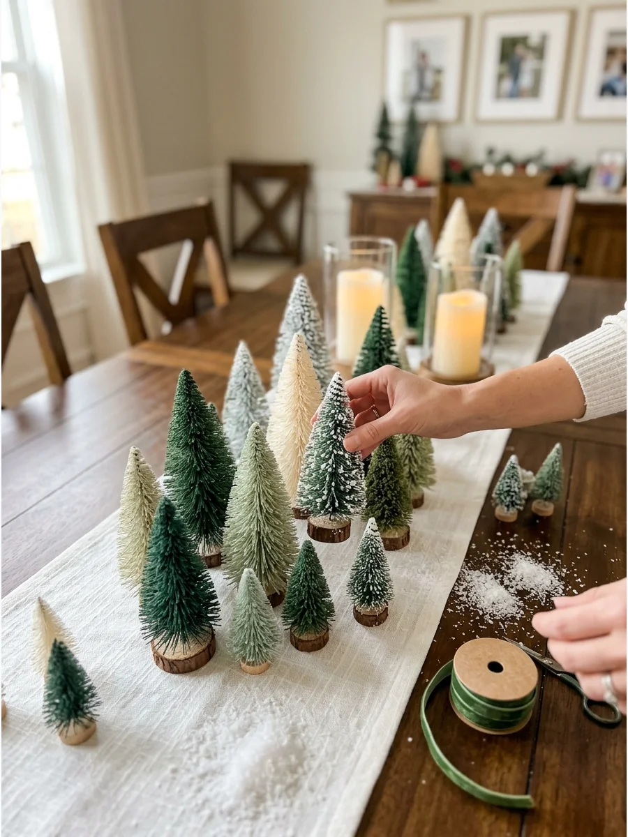 Multiple mini bottle-brush trees of different heights on a table.