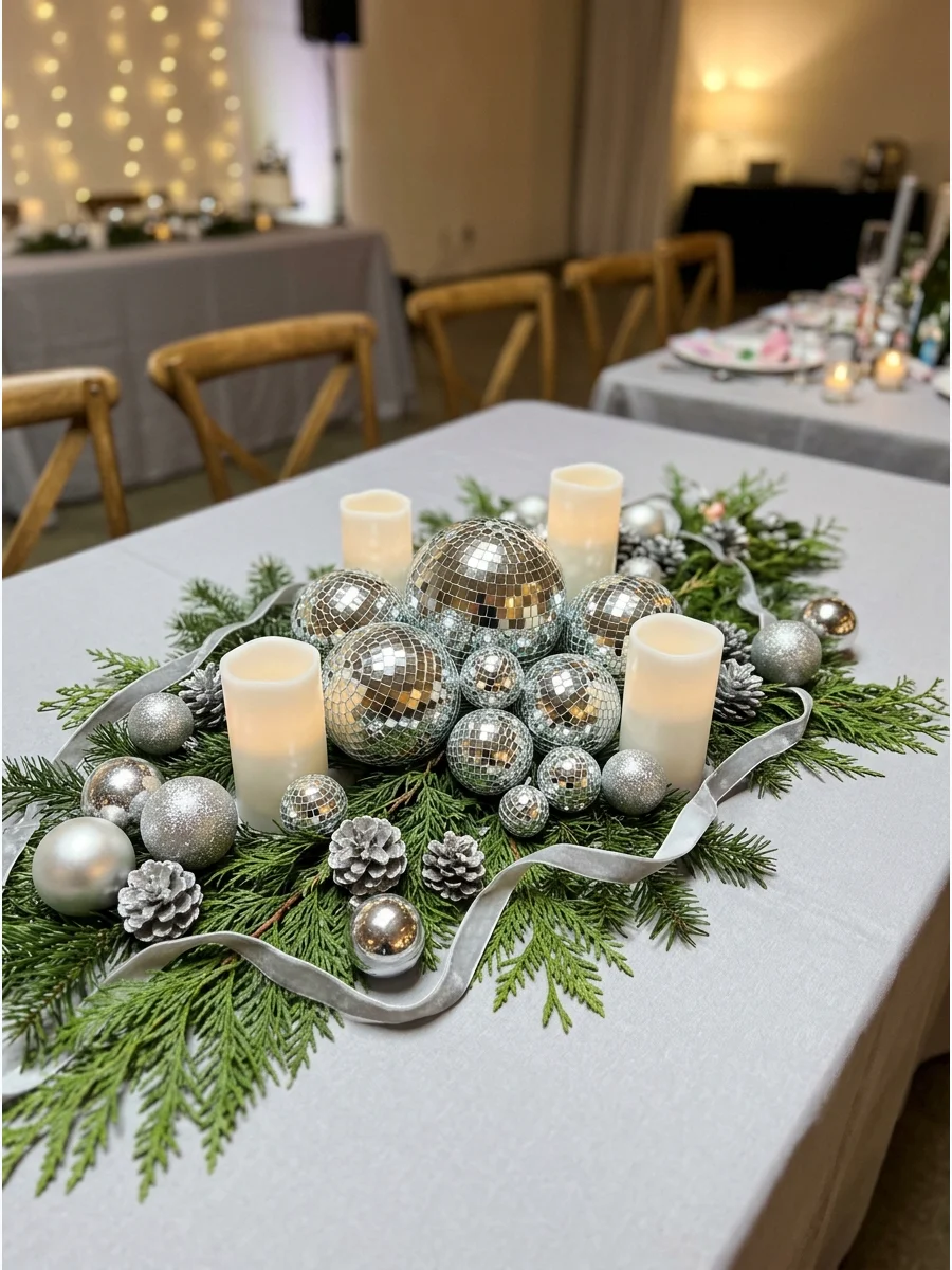 Disco balls and cedar branches arranged as a table centerpiece.