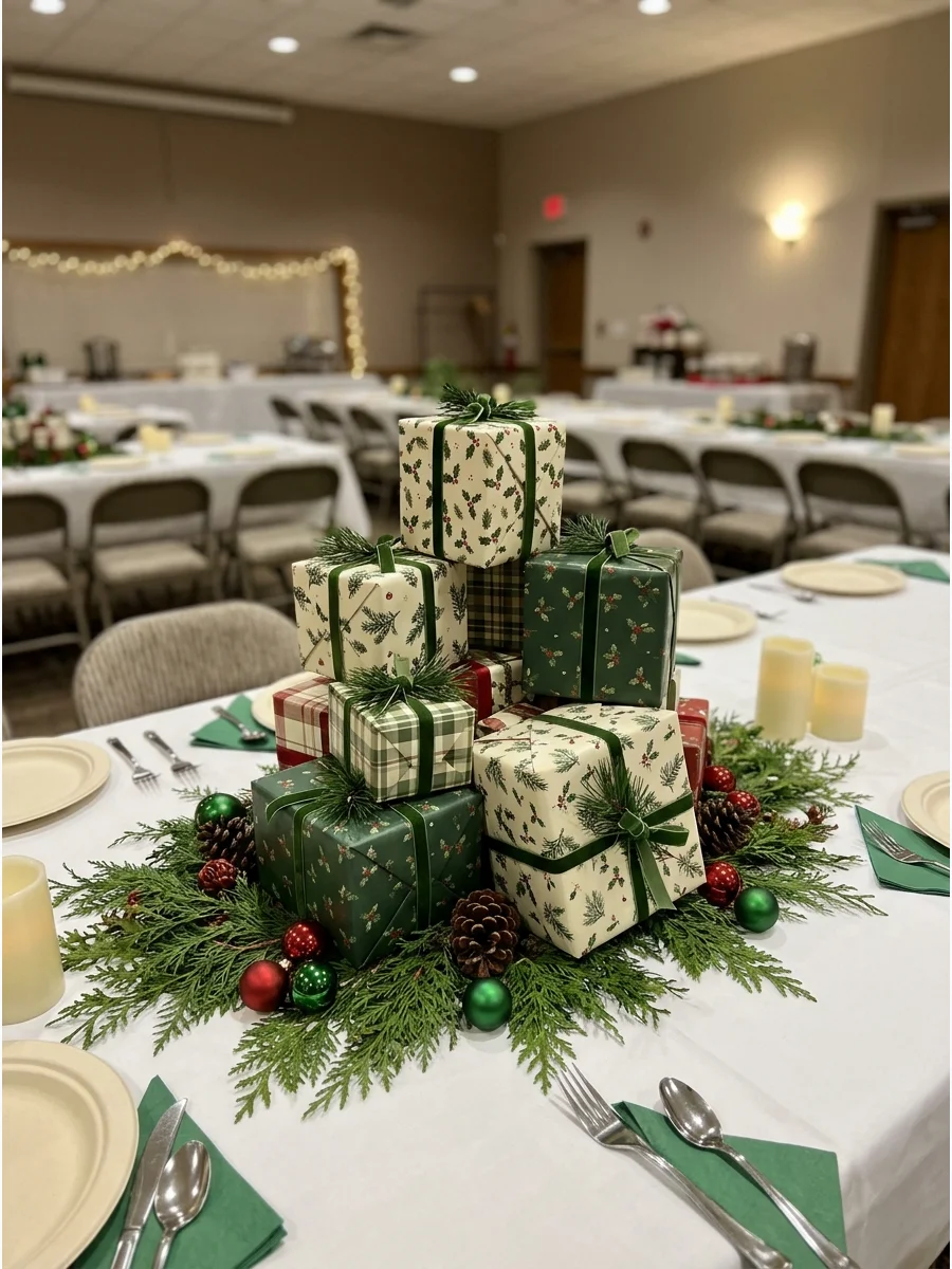Stacked wrapped boxes with greenery on a banquet table.