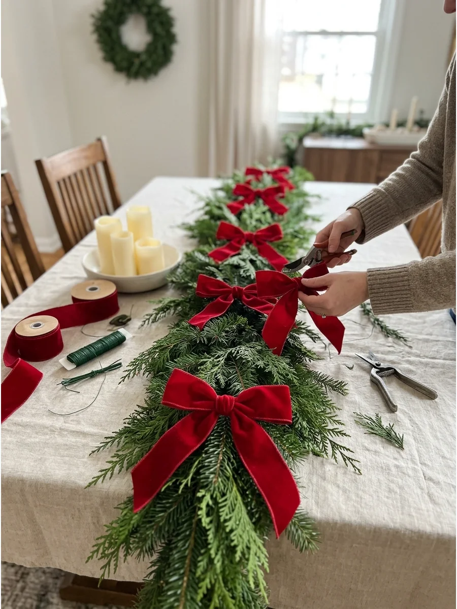 Evergreen garland with red velvet bows on a wooden dining table.