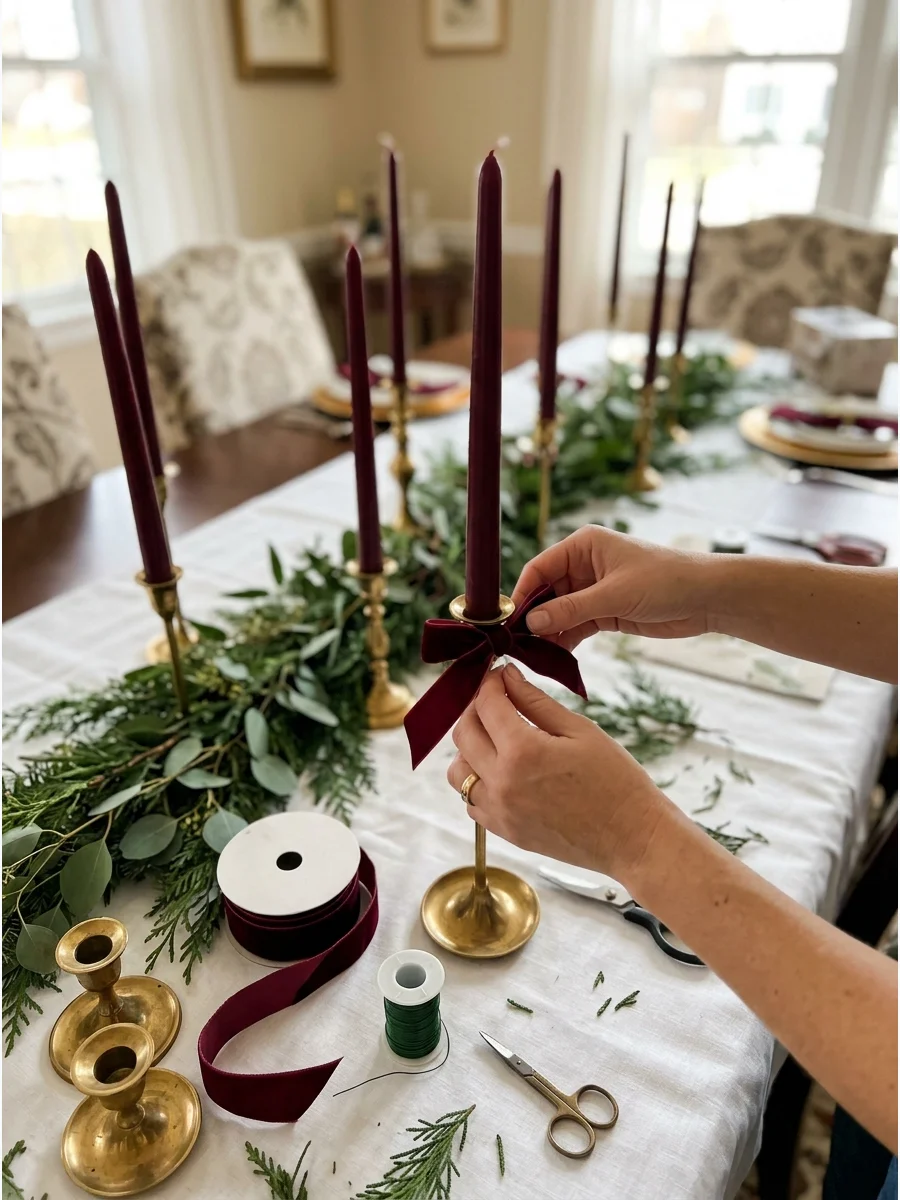 A burgundy candle in a brass holder with a velvet bow.
