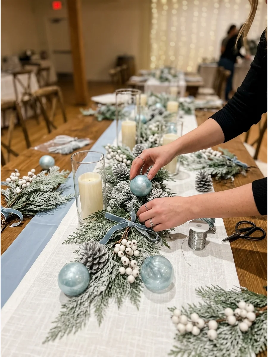 Blue and silver Christmas centerpiece with frosted greenery.
