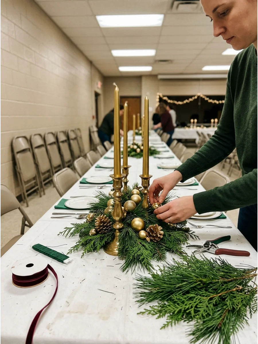 Gold candleholders surrounded by fresh pine and gold ornaments.