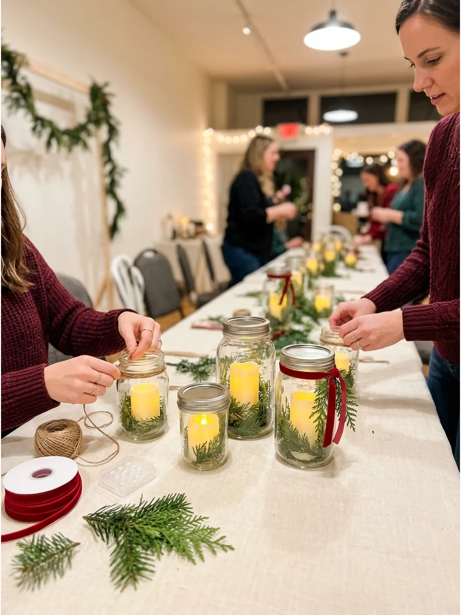Mason jars decorated with twine and ribbon holding flameless candles.