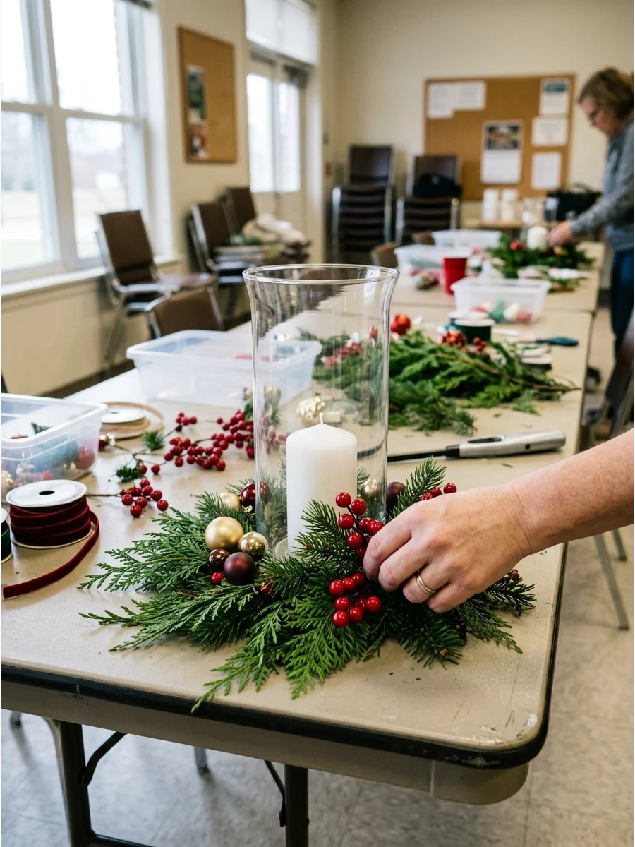A glass hurricane vase with a candle and festive filler.