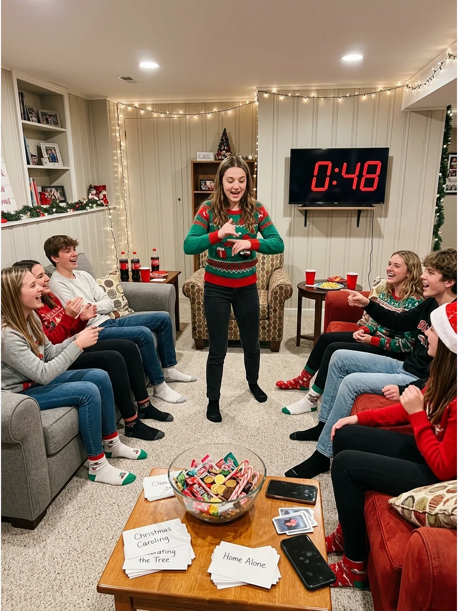 Teens playing charades in a basement.