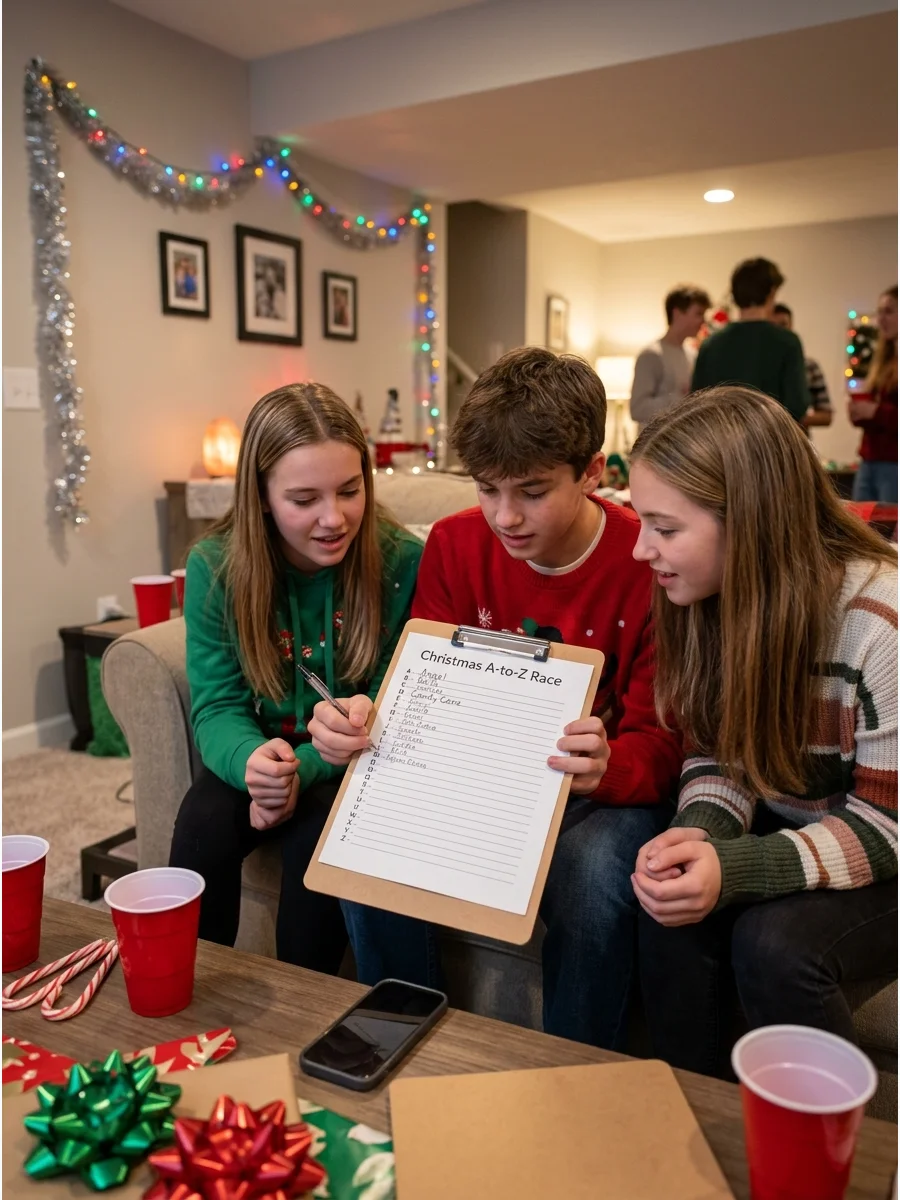 Teens completing an A-to-Z holiday word list.