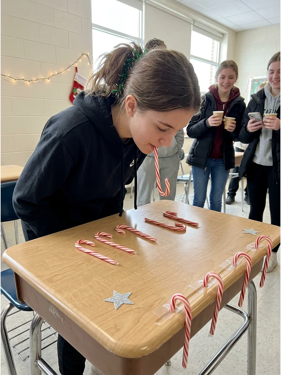A teenager playing a candy cane hooking game at a school desk.