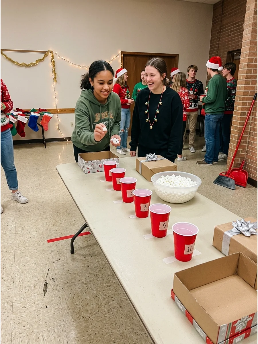 Red cups lined up on a table for a marshmallow tossing game.