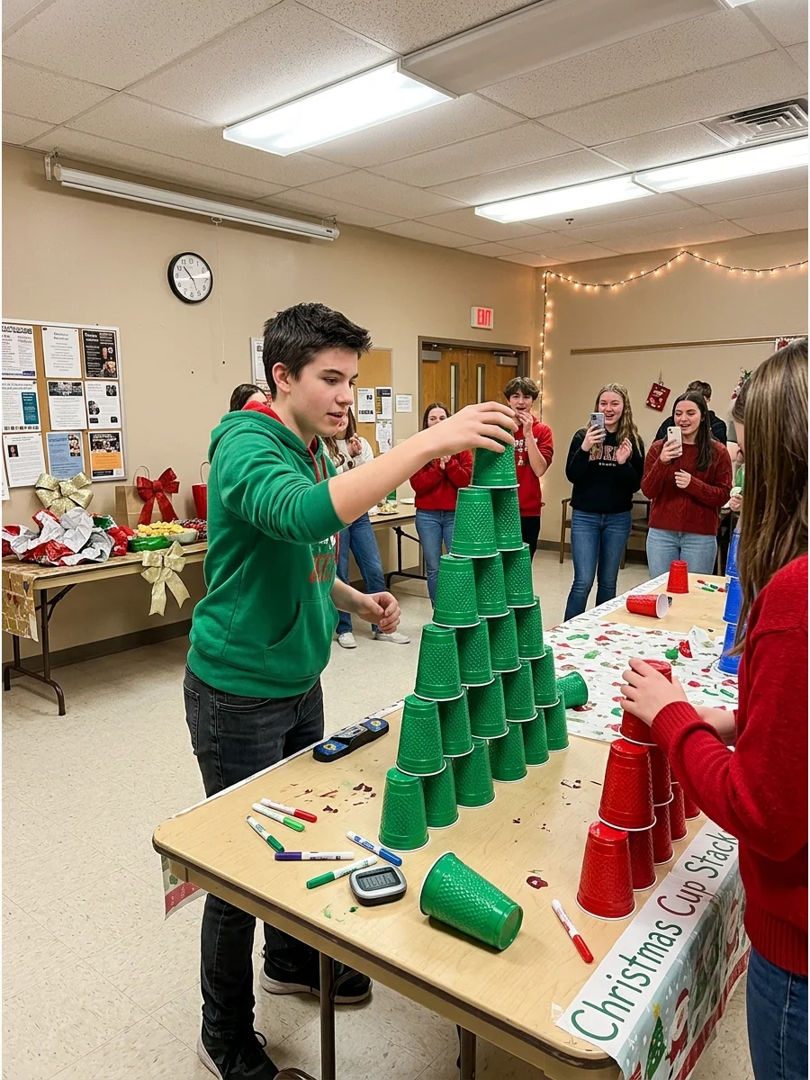 A teen stacking green cups into a pyramid at a community center.