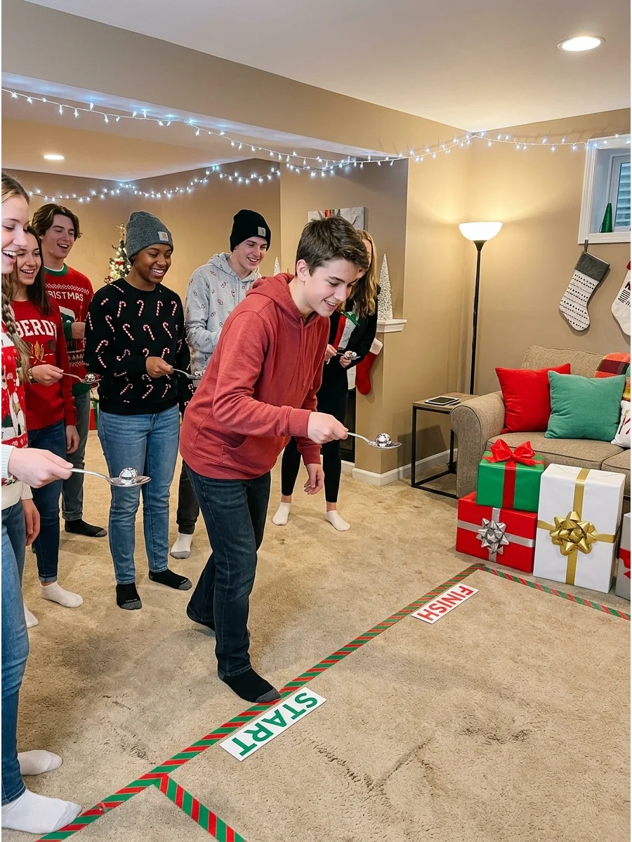 Teens balancing jingle bells on spoons for a holiday race.