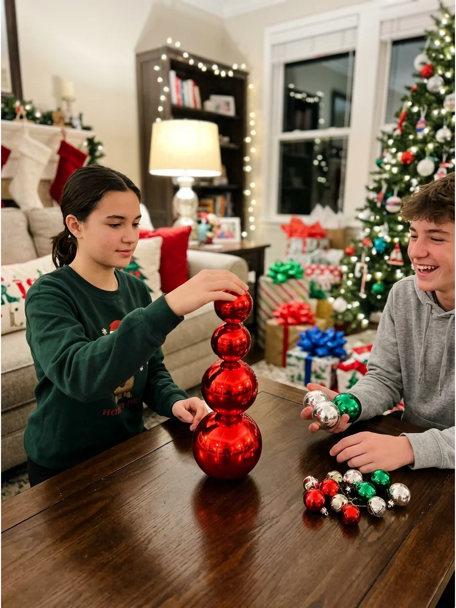 Shatterproof ornaments stacked in a tower on a living room table.