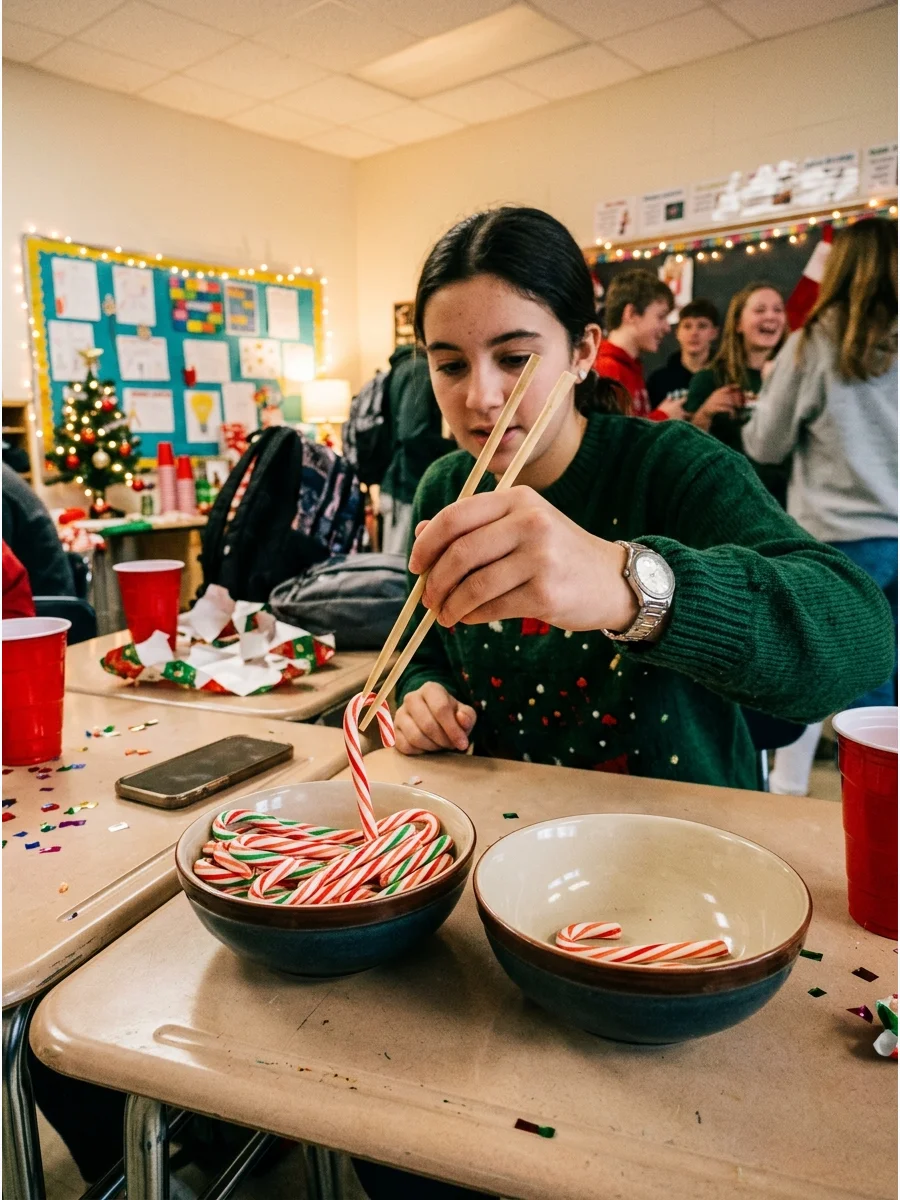 Candy canes being transferred between bowls using a chopstick.