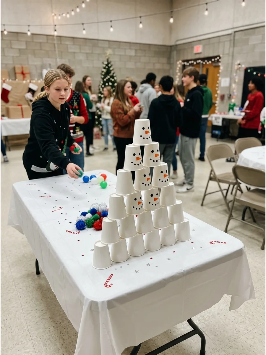 White cups with snowman faces stacked in a pyramid for a toss game.