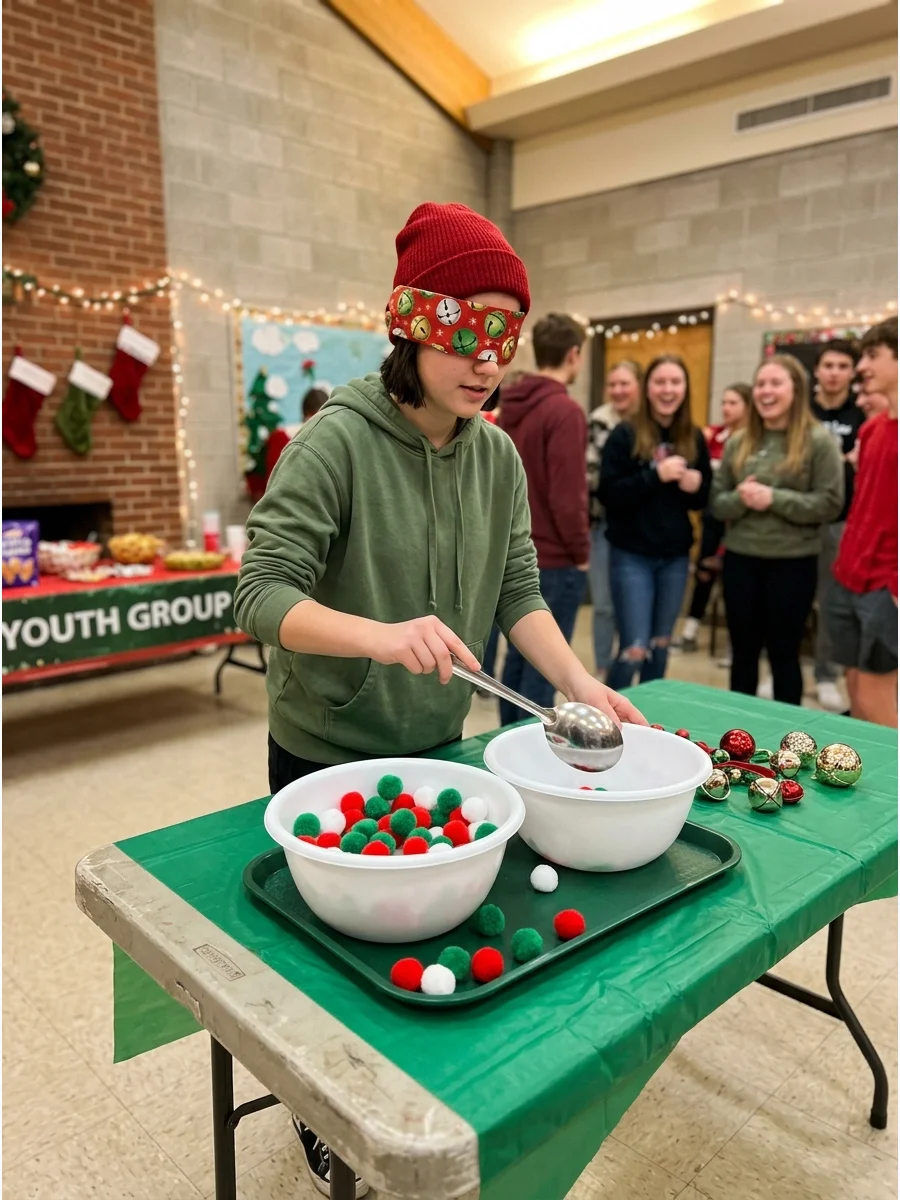 A blindfolded person playing a pom-pom scooping game at a party.