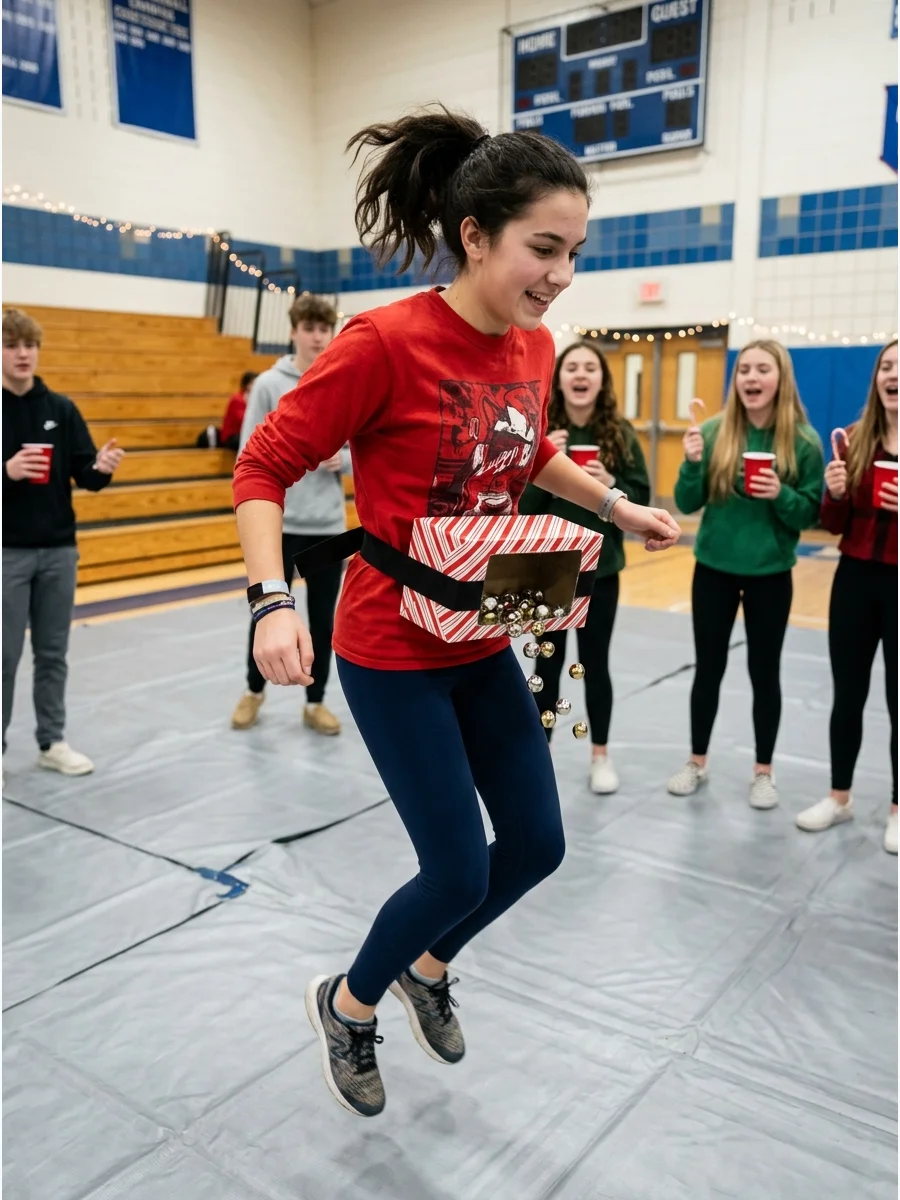 A teen shaking a box of jingle bells tied to their waist in a gym.