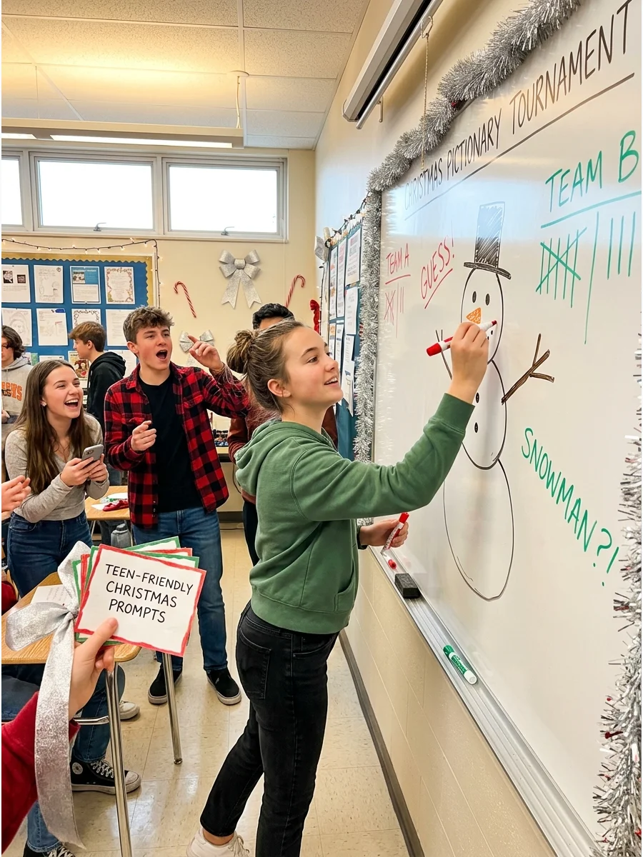 Teenager drawing on a whiteboard for Pictionary.