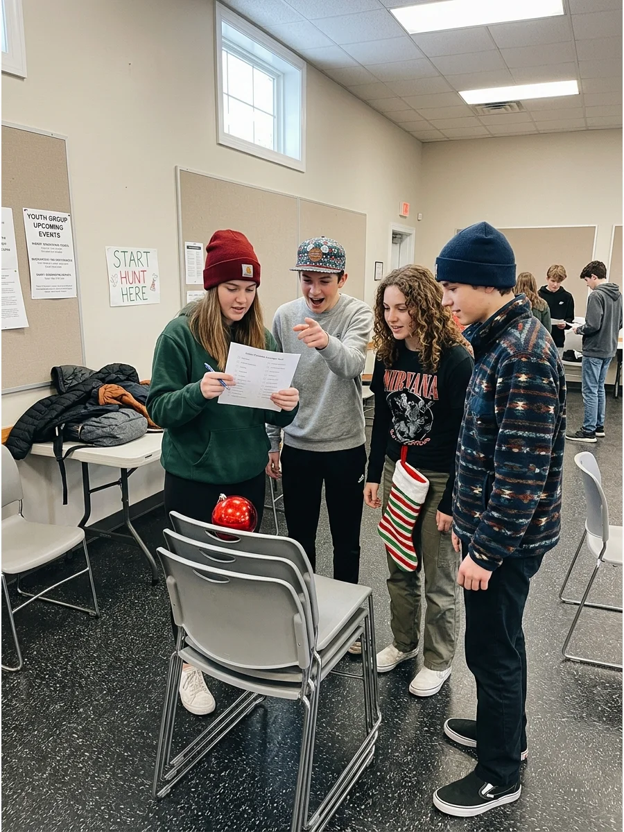Teens doing a scavenger hunt in a community center.