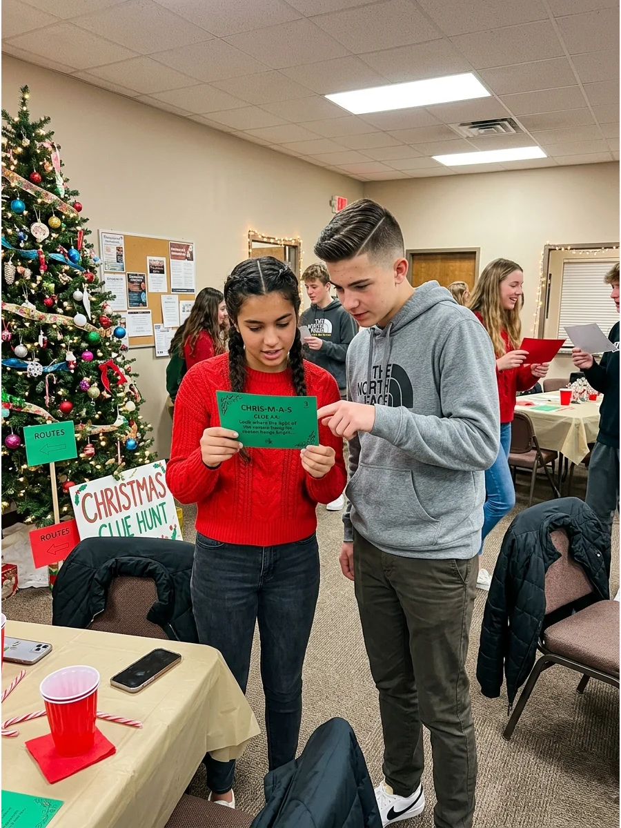 Teens reading a clue card during a holiday hunt.