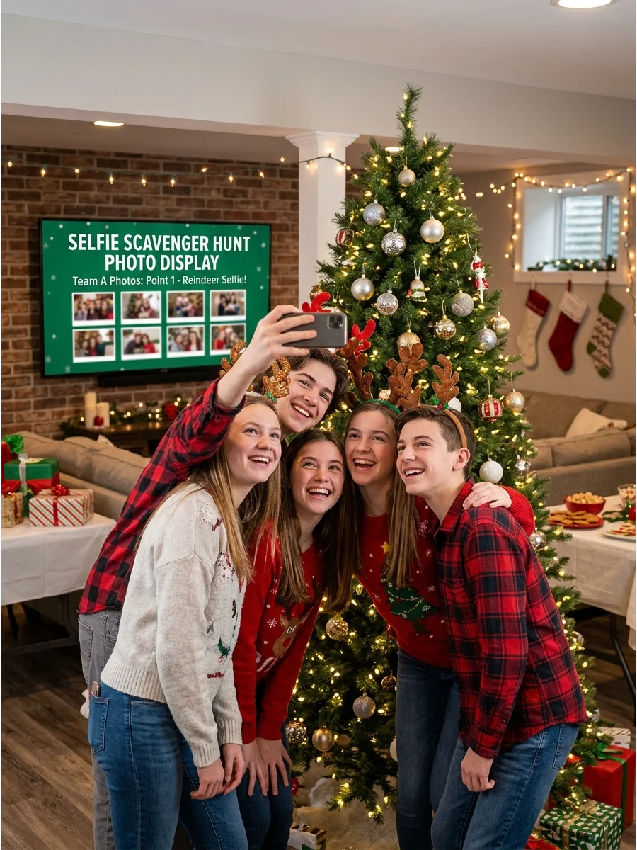 Teens taking a selfie with reindeer antlers.