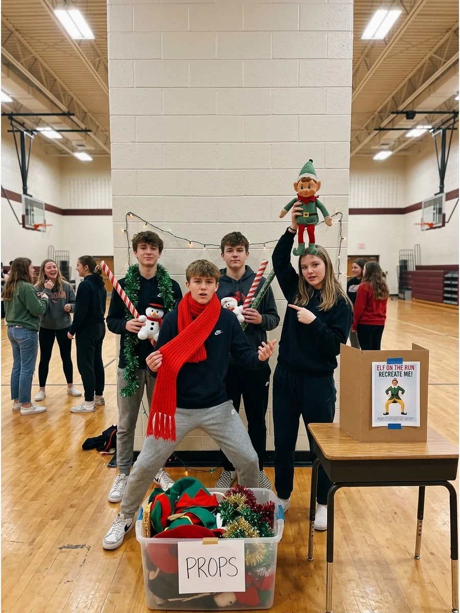 Teens recreating a holiday movie scene.