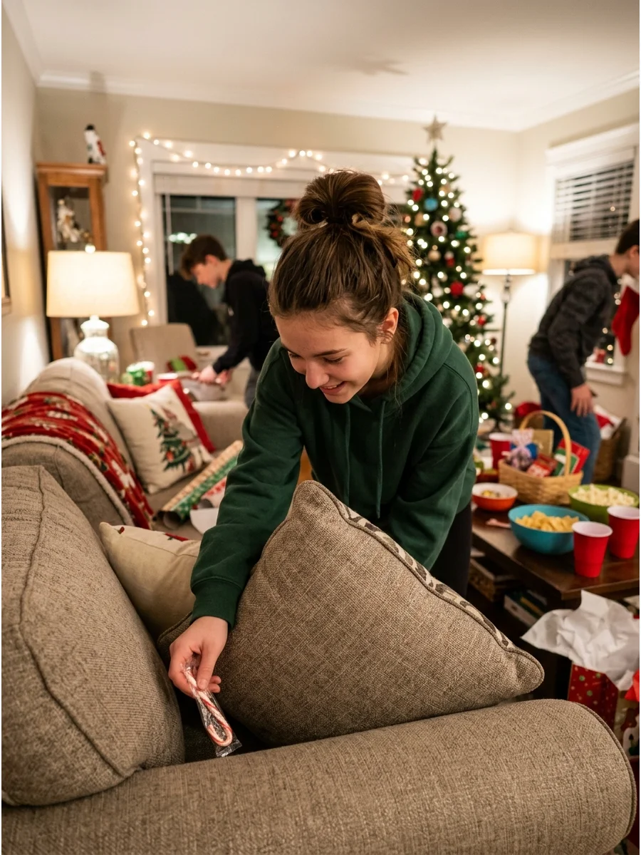 Teenager finding a candy cane behind a sofa.